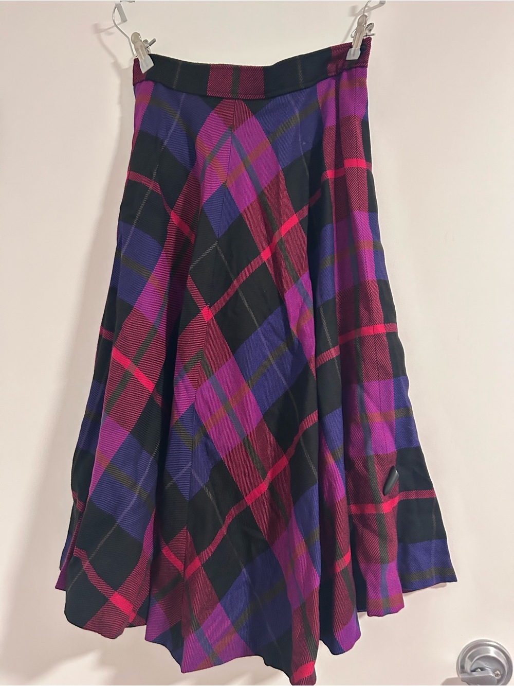100% Wool Vintage Plaid Skirt in Purple, bright pink and Black